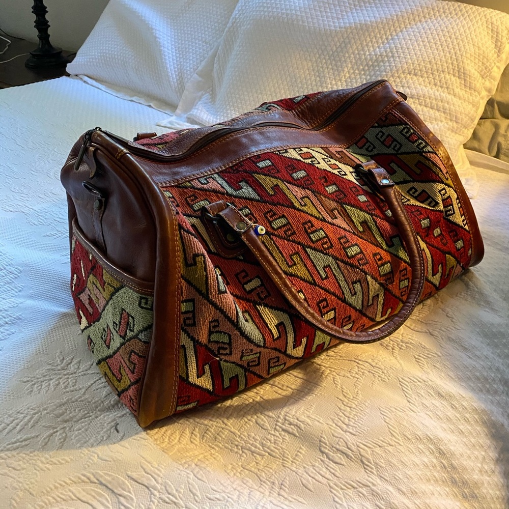Authentic Turkish rug real leather duffle